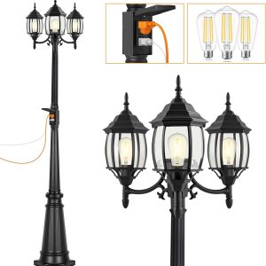 PARTPHONER Outdoor Lamp Post Light with GFCI Outlet, 3-Head Classic Black Light Pole